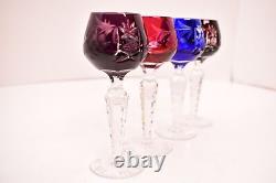 SET 4 BOHEMIAN CZECH CUT TO CLEAR CRYSTAL Cordial Glasses STEM Multi Colored VTG
