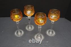SET 4 BOHEMIAN CZECH CUT TO CLEAR CRYSTAL Hock Wine GLASSES Goblets Amber 7 1/8