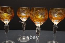 SET 4 BOHEMIAN CZECH CUT TO CLEAR CRYSTAL Hock Wine GLASSES Goblets Amber 7 1/8