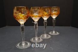 SET 4 BOHEMIAN CZECH CUT TO CLEAR CRYSTAL Hock Wine GLASSES Goblets Amber 7 1/8