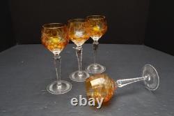 SET 4 BOHEMIAN CZECH CUT TO CLEAR CRYSTAL Hock Wine GLASSES Goblets Amber 7 1/8