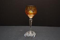 SET 4 BOHEMIAN CZECH CUT TO CLEAR CRYSTAL Hock Wine GLASSES Goblets Amber 7 1/8