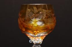 SET 4 BOHEMIAN CZECH CUT TO CLEAR CRYSTAL Hock Wine GLASSES Goblets Amber 7 1/8