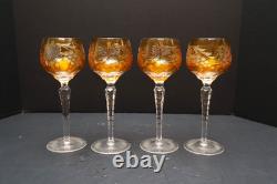SET 4 BOHEMIAN CZECH CUT TO CLEAR CRYSTAL Hock Wine GLASSES Goblets Amber 8.5