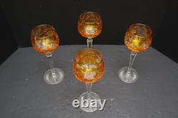 SET 4 BOHEMIAN CZECH CUT TO CLEAR CRYSTAL Hock Wine GLASSES Goblets Amber 8.5