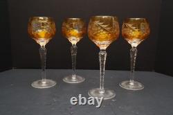 SET 4 BOHEMIAN CZECH CUT TO CLEAR CRYSTAL Hock Wine GLASSES Goblets Amber 8.5