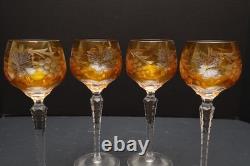 SET 4 BOHEMIAN CZECH CUT TO CLEAR CRYSTAL Hock Wine GLASSES Goblets Amber 8.5