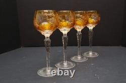 SET 4 BOHEMIAN CZECH CUT TO CLEAR CRYSTAL Hock Wine GLASSES Goblets Amber 8.5