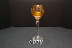 SET 4 BOHEMIAN CZECH CUT TO CLEAR CRYSTAL Hock Wine GLASSES Goblets Amber 8.5