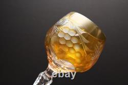 SET 4 BOHEMIAN CZECH CUT TO CLEAR CRYSTAL Hock Wine GLASSES Goblets Amber 8.5