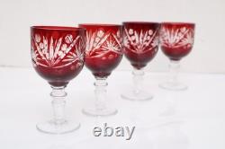 SET 4 BOHEMIAN CZECH CUT TO CLEAR CRYSTAL Hock Wine GLASSES Goblets RUBY RED