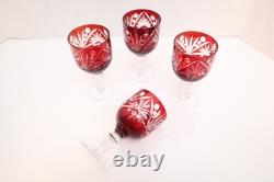 SET 4 BOHEMIAN CZECH CUT TO CLEAR CRYSTAL Hock Wine GLASSES Goblets RUBY RED