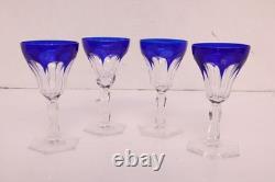 SET 4 BOHEMIAN CZECH CUT TO CLEAR CRYSTAL PORT WINE GLASSES GOBLETS Cobalt BLUE