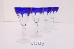 SET 4 BOHEMIAN CZECH CUT TO CLEAR CRYSTAL PORT WINE GLASSES GOBLETS Cobalt BLUE