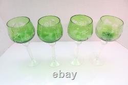 SET 4 BOHEMIAN CZECH CUT TO CLEAR Hock Wine GLASSES Goblets Emerald Green 8.25