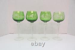 SET 4 BOHEMIAN CZECH CUT TO CLEAR Hock Wine GLASSES Goblets Emerald Green 8.25
