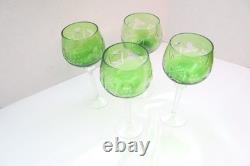SET 4 BOHEMIAN CZECH CUT TO CLEAR Hock Wine GLASSES Goblets Emerald Green 8.25