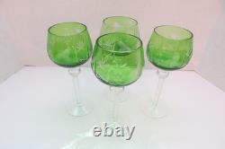 SET 4 BOHEMIAN CZECH CUT TO CLEAR Hock Wine GLASSES Goblets Emerald Green 8.25