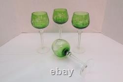 SET 4 BOHEMIAN CZECH CUT TO CLEAR Hock Wine GLASSES Goblets Emerald Green 8.25