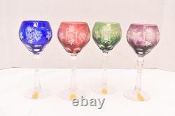 SET 4 BOHEMIAN CZECH CUT TO CLEAR Hock Wine GLASSES Goblets Multicolor NOS w BOX