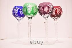 SET 4 VTG Hock Wine Glasses Multi Colored Cut To Clear Glass Bohemian Czech