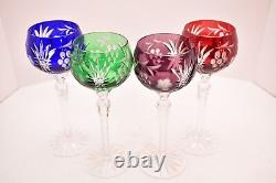 SET 4 VTG Hock Wine Glasses Multi Colored Cut To Clear Glass Bohemian Czech