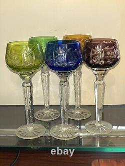 SET 5 BOHEMIAN CRYSTAL CLEAR Ind Wine GOBLETS Multi Colored Germany 5 3/4 tall