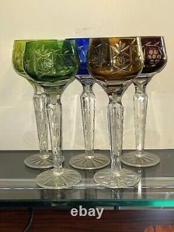 SET 5 BOHEMIAN CRYSTAL CLEAR Ind Wine GOBLETS Multi Colored Germany 5 3/4 tall