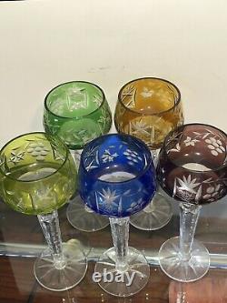 SET 5 BOHEMIAN CRYSTAL CLEAR Ind Wine GOBLETS Multi Colored Germany 5 3/4 tall