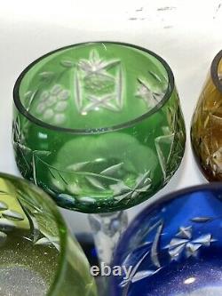 SET 5 BOHEMIAN CRYSTAL CLEAR Ind Wine GOBLETS Multi Colored Germany 5 3/4 tall