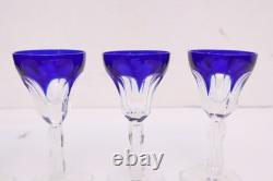 SET 5 BOHEMIAN CZECH CUT TO CLEAR CRYSTAL Cordial WINE GLASS GOBLETS Cobalt BLUE