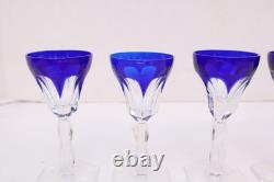 SET 5 BOHEMIAN CZECH CUT TO CLEAR CRYSTAL Cordial WINE GLASS GOBLETS Cobalt BLUE