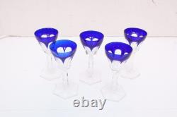 SET 5 BOHEMIAN CZECH CUT TO CLEAR CRYSTAL Cordial WINE GLASS GOBLETS Cobalt BLUE
