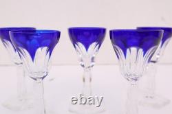 SET 5 BOHEMIAN CZECH CUT TO CLEAR CRYSTAL Cordial WINE GLASS GOBLETS Cobalt BLUE