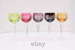 SET 5 BOHEMIAN CZECH CUT TO CLEAR CRYSTAL Hock Wine GLASSES Goblets Multicolor