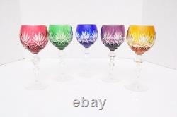 SET 5 BOHEMIAN CZECH CUT TO CLEAR CRYSTAL Hock Wine GLASSES Goblets Multicolor
