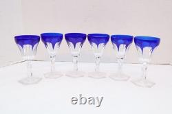 SET 6 BOHEMIAN CZECH CUT TO CLEAR CRYSTAL 5.5 WINE GLASS GOBLETS Cobalt BLUE
