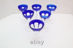 SET 6 BOHEMIAN CZECH CUT TO CLEAR CRYSTAL 5.5 WINE GLASS GOBLETS Cobalt BLUE