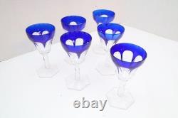 SET 6 BOHEMIAN CZECH CUT TO CLEAR CRYSTAL 5.5 WINE GLASS GOBLETS Cobalt BLUE