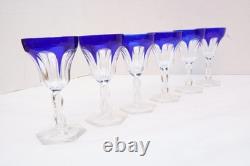 SET 6 BOHEMIAN CZECH CUT TO CLEAR CRYSTAL 5.5 WINE GLASS GOBLETS Cobalt BLUE