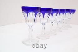 SET 6 BOHEMIAN CZECH CUT TO CLEAR CRYSTAL 5.5 WINE GLASS GOBLETS Cobalt BLUE