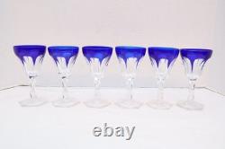 SET 6 BOHEMIAN CZECH CUT TO CLEAR CRYSTAL 5.5 WINE GLASS GOBLETS Cobalt BLUE
