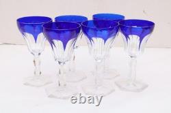SET 6 BOHEMIAN CZECH CUT TO CLEAR CRYSTAL 5.5 WINE GLASS GOBLETS Cobalt BLUE