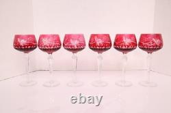 SET 6 BOHEMIAN CZECH CUT TO CLEAR CRYSTAL Hock Wine GLASSES Goblets Cranberry