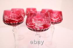 SET 6 BOHEMIAN CZECH CUT TO CLEAR CRYSTAL Hock Wine GLASSES Goblets Cranberry
