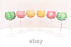 SET 6 BOHEMIAN CZECH CUT TO CLEAR CRYSTAL Hock Wine GLASSES Goblets Multicolor