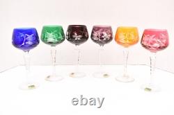 SET 6 BOHEMIAN CZECH CUT TO CLEAR CRYSTAL Hock Wine GLASSES Goblets Multicolor