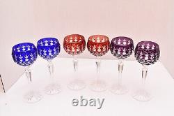 SET 6 BOHEMIAN CZECH CUT TO CLEAR CRYSTAL Hock Wine GLASSES Goblets Multicolor