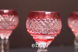 SET 6 BOHEMIAN CZECH CUT TO CLEAR Cordial Wine GLASSES Goblets Cranberry Red