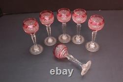 SET 6 BOHEMIAN CZECH CUT TO CLEAR Cordial Wine GLASSES Goblets Cranberry Red